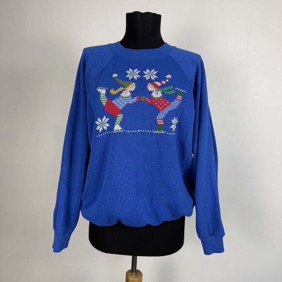 Vintage Ice Skaters Embroidered Holiday Sweatershirt | Christmas Sweater, USA - Picture 1 of 9
